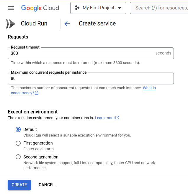 gcp cloud run container requests and  execution environment section